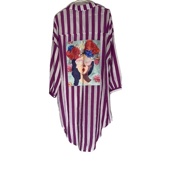 NEW AMELIA’S Frida Art To Wear Striped Purple White Tunic Shirt Ramie Cotton L - Picture 9 of 16
